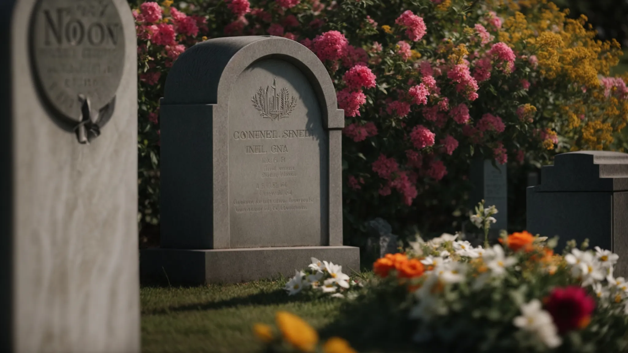 a peaceful, serene cemetery scene with a simple headstone and vibrant flowers, symbolizing the concept of final expense life insurance.