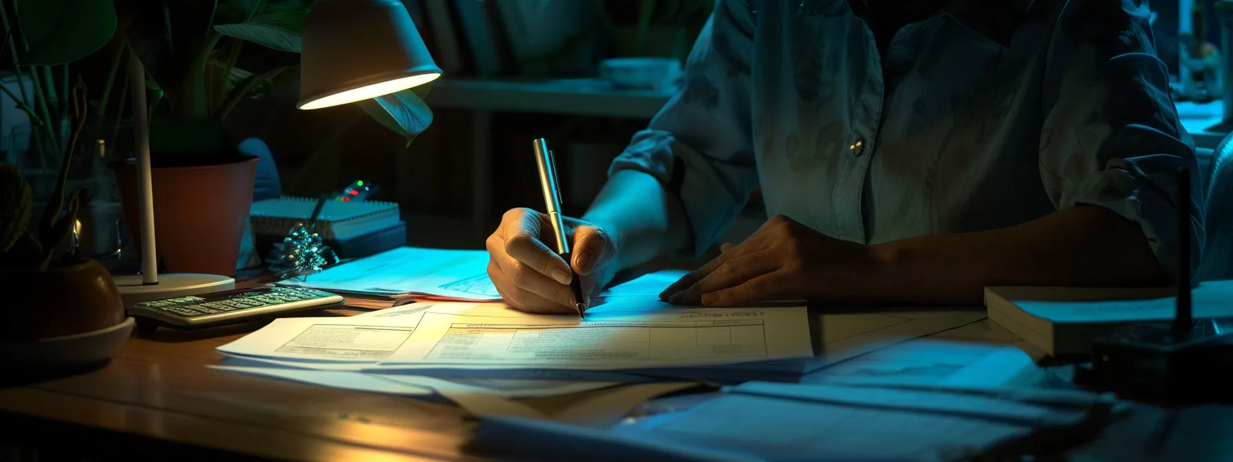 a person confidently filling out a final expense coverage application at a well-lit desk with paperwork neatly organized in front of them.