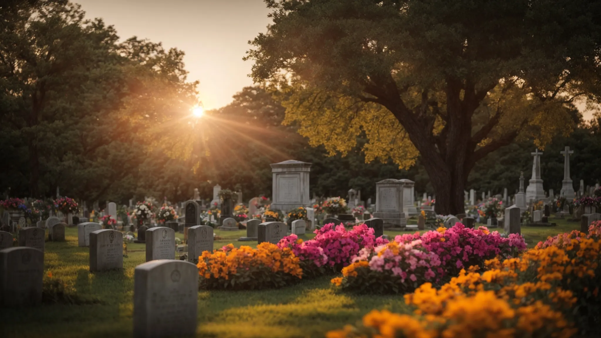 a serene cemetery plot adorned with colorful flowers and a peaceful sunset in the background, symbolizing the importance of planning ahead to ease the financial burden on loved ones.