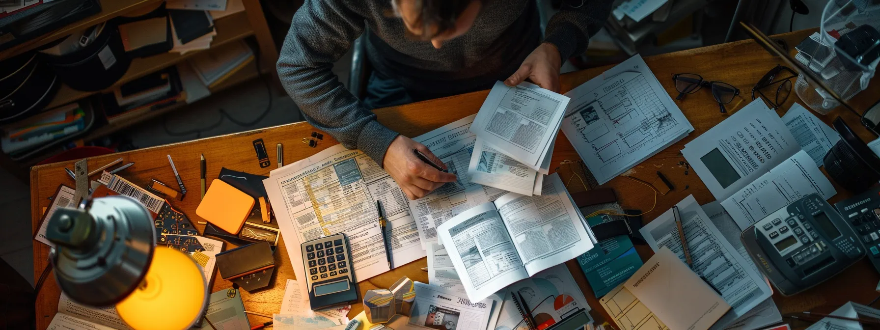 a person carefully comparing insurance policies and financial documents at a cluttered desk, surrounded by calculators and budgeting worksheets.