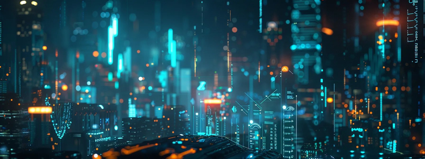 a futuristic city skyline with digital graphs and charts glowing in the background, symbolizing the growth of cash value through market index performance in index universal life insurance.