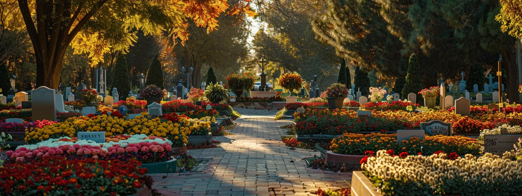 a serene cemetery with colorful flowers and a peaceful atmosphere, symbolizing thoughtful planning for end-of-life expenses.