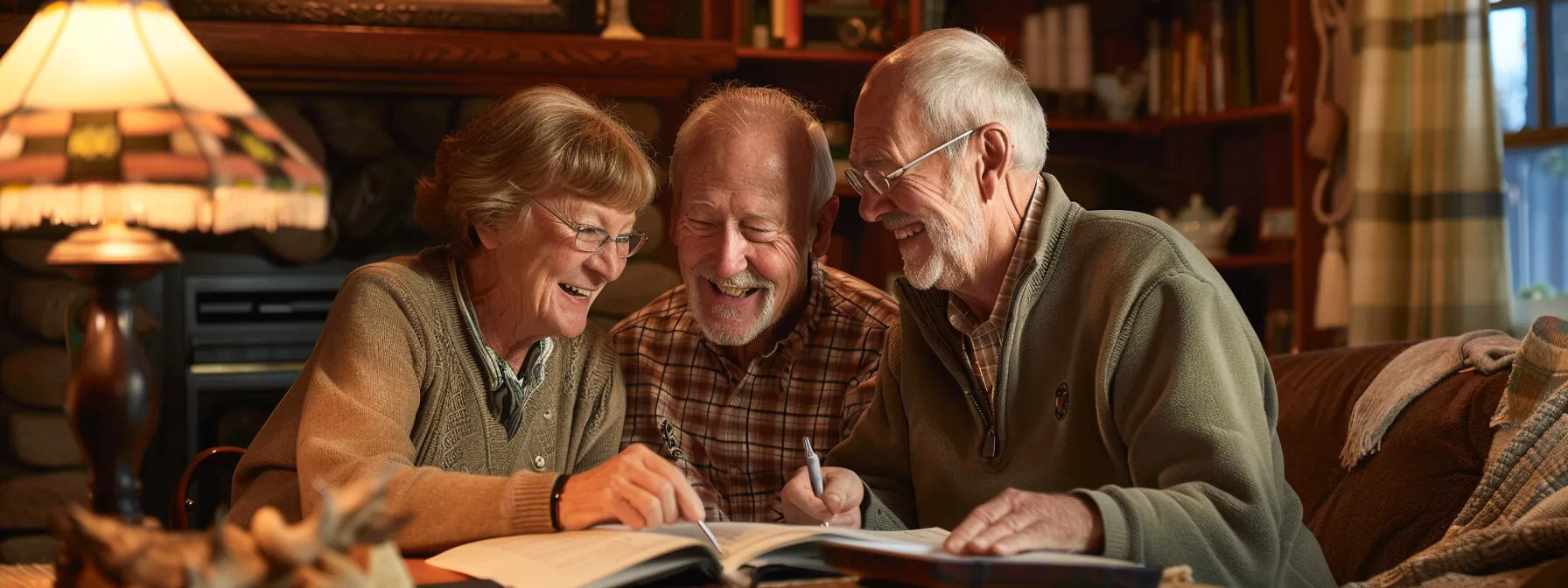 a senior couple smiling while reviewing financial documents with a trusted insurance agent in a cozy living room, showcasing peace of mind and security.