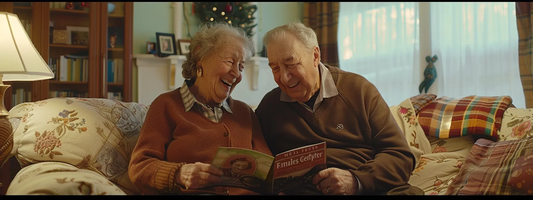 a smiling elderly couple holding hands while looking at a brochure for final expense insurance in a cozy living room.