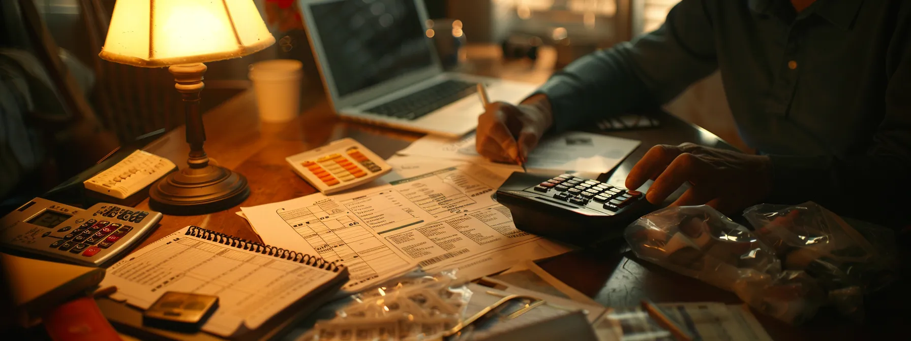 a person calculating final expenses with a calculator, paperwork, and a list of medical and legal costs spread out on a desk.