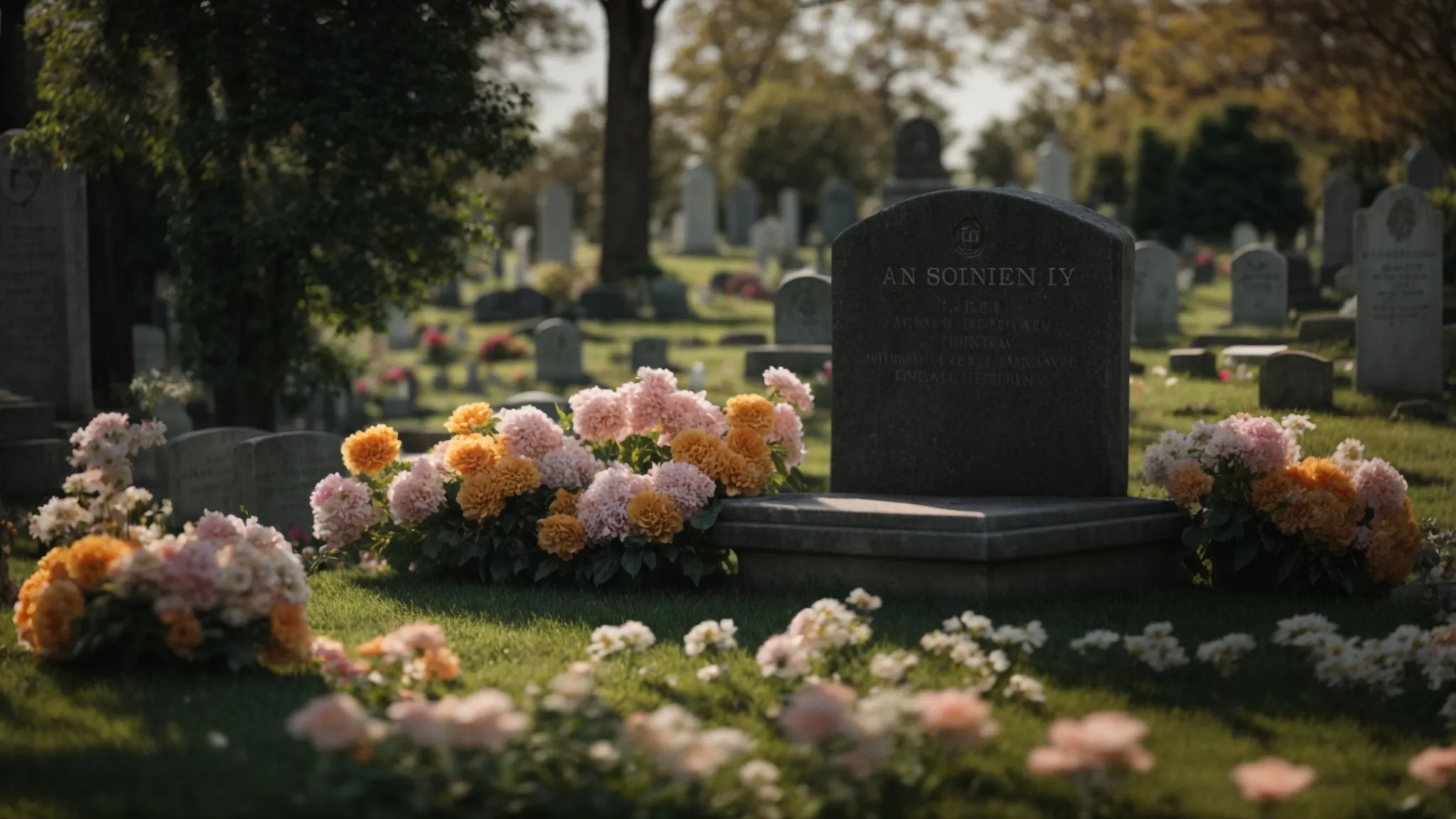 a serene cemetery setting with a peaceful gravestone surrounded by flowers, illustrating the concept of final expense insurance covering funeral costs.