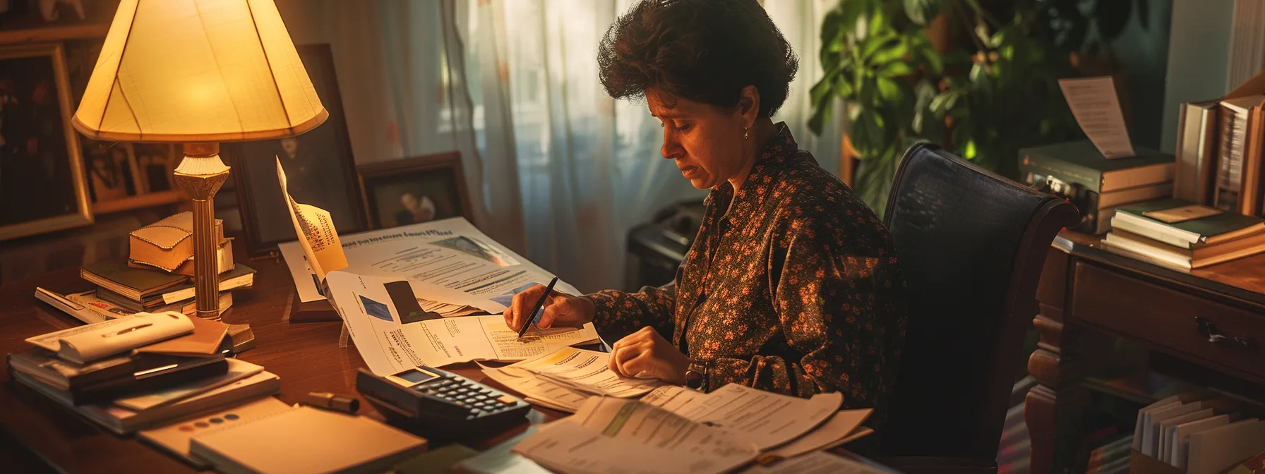 a person sitting at a desk surrounded by paperwork, calculators, and funeral home brochures, carefully assessing their personal final expense needs.