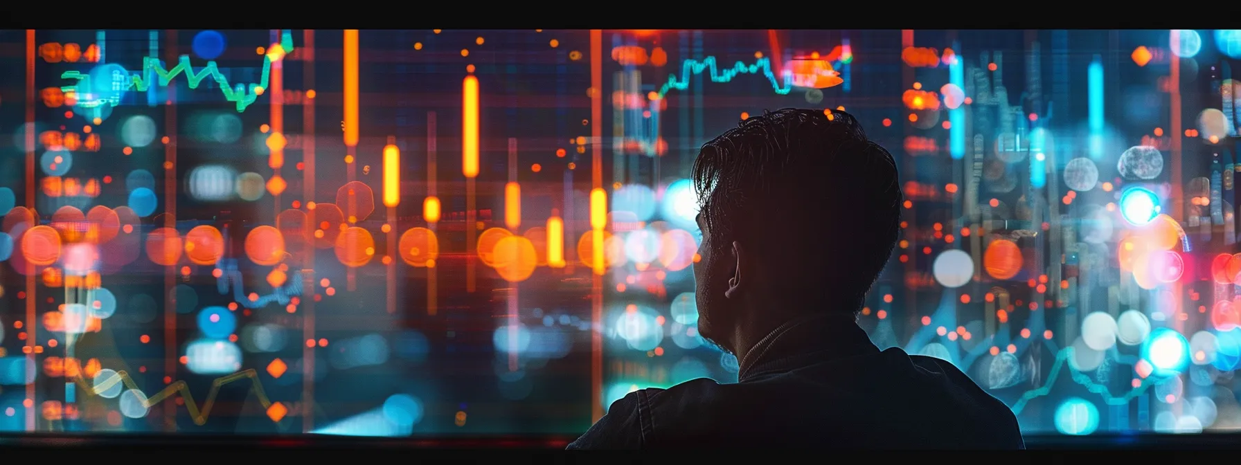 a person comparing various index options on a computer screen, with colorful graphs and charts displaying different performance outcomes.