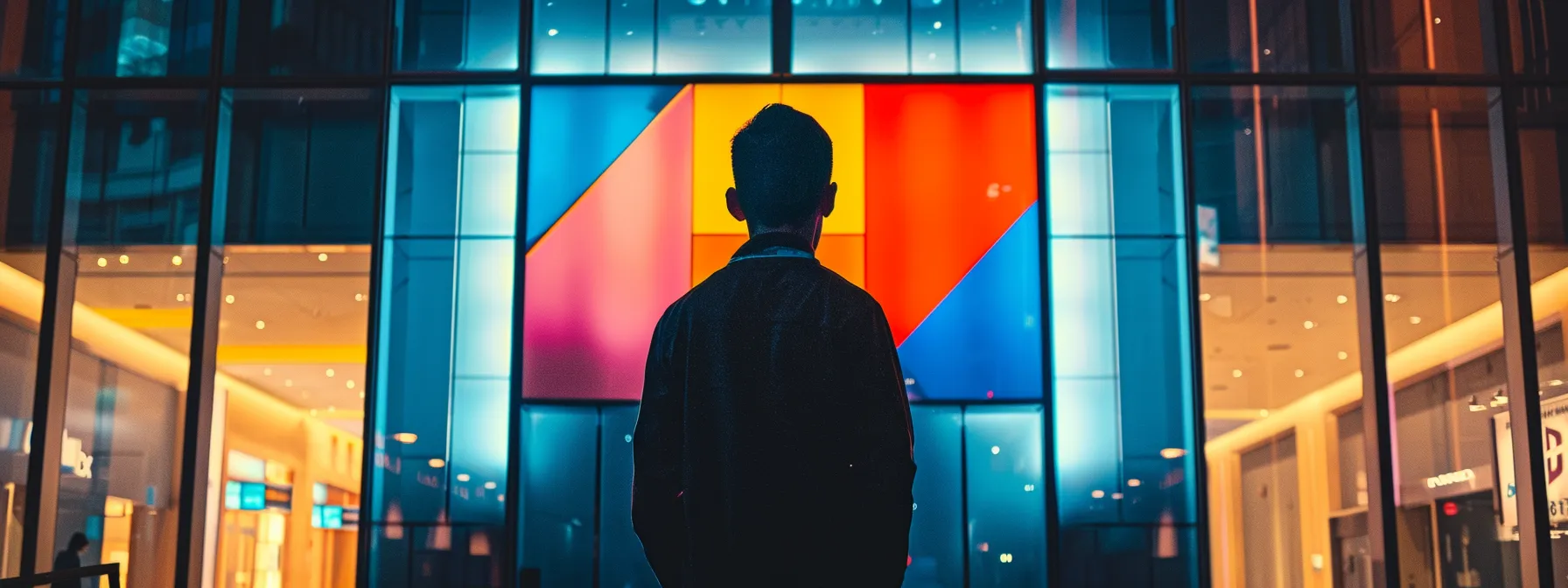 a person stands confidently in front of a large sign displaying the logo of a top-rated insurance company, symbolizing trust and stability.