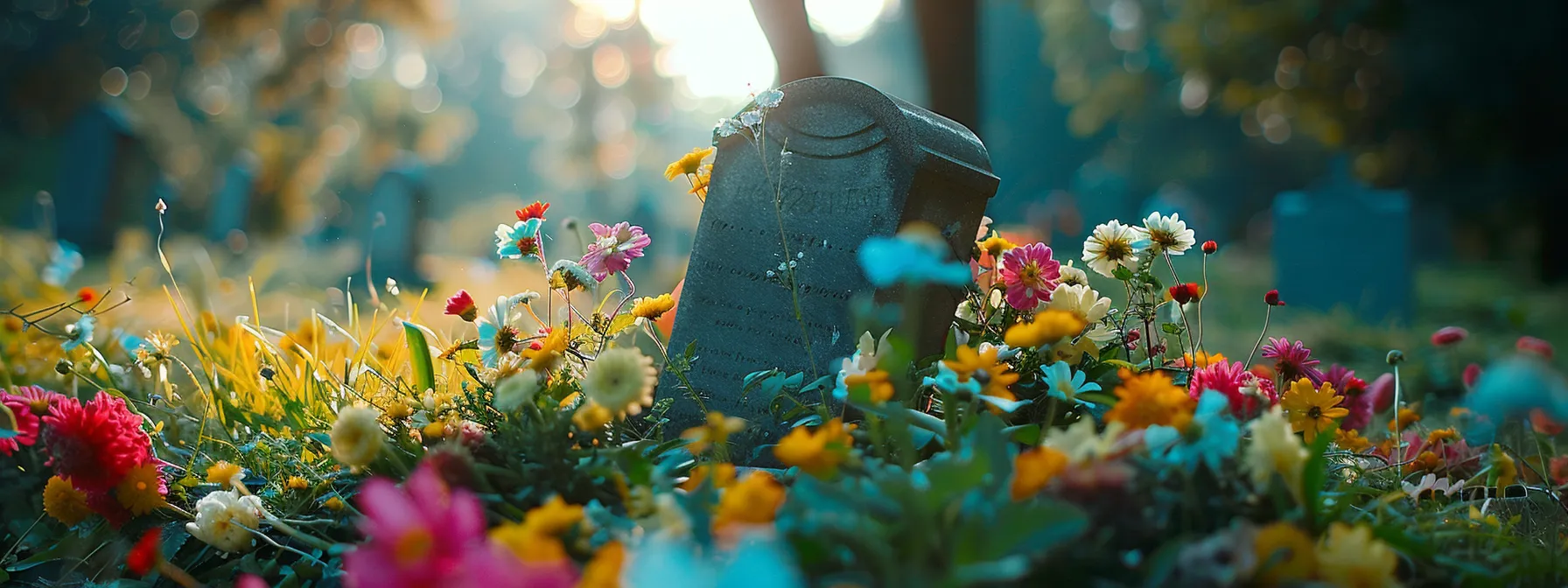 a serene and peaceful cemetery with a single headstone surrounded by colorful flowers, symbolizing the financial protection provided by final expense insurance.