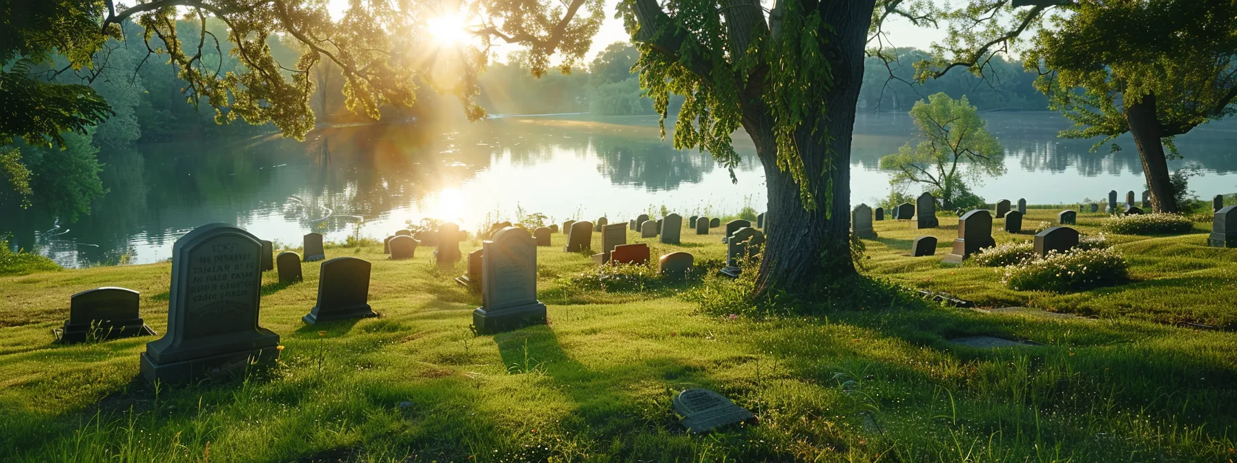 a serene scene of a peaceful cemetery overlooking a tranquil lake, with a thoughtful person contemplating final expense insurance coverage.