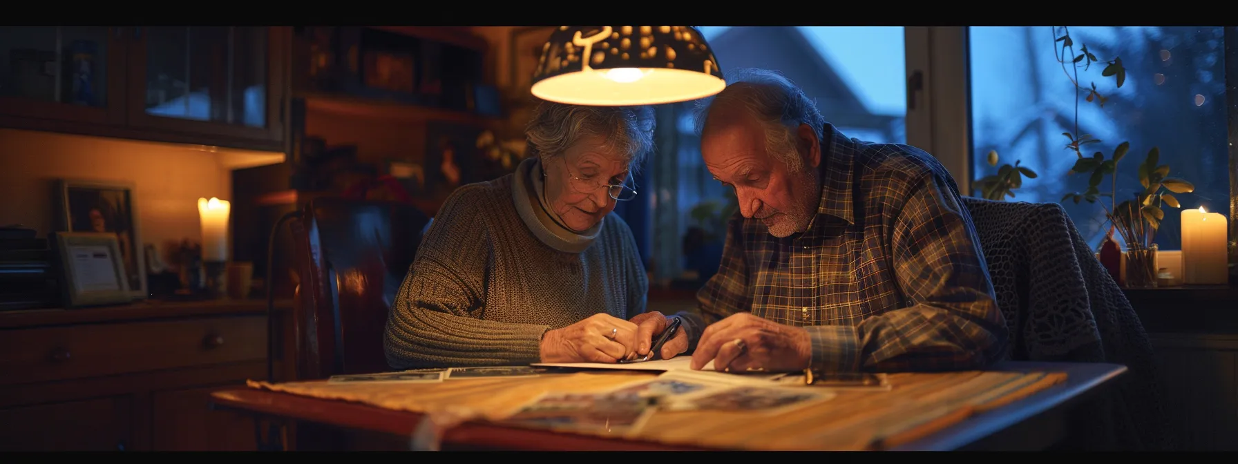 a comforting elderly couple sitting at a cozy living room table, reviewing paperwork for final expense insurance, surrounded by family photos and warm lighting.