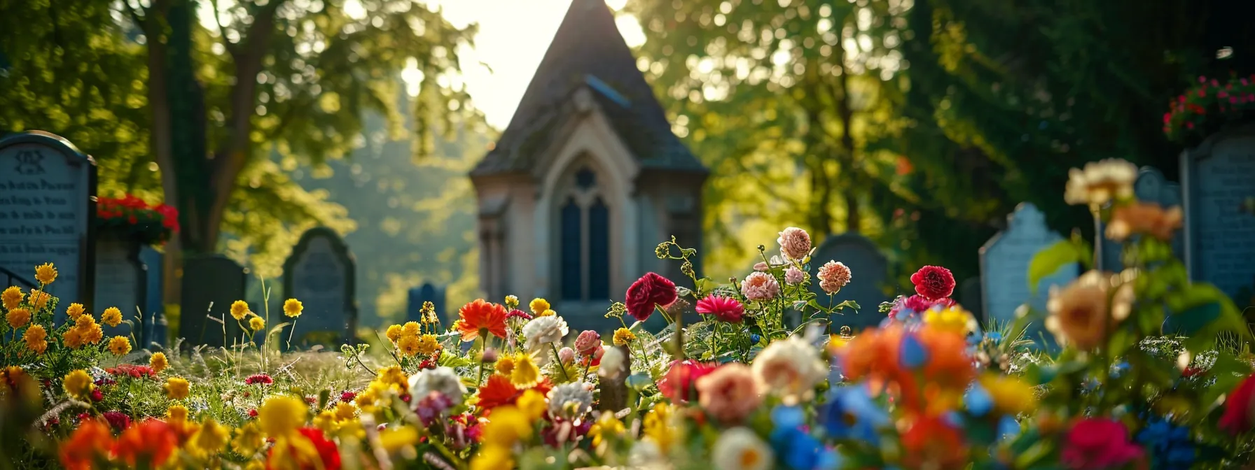 a serene cemetery with colorful flowers and a small, peaceful chapel in the background.