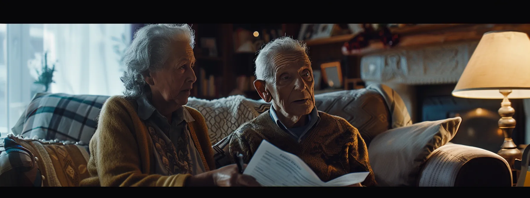 a serene elderly couple sitting together, reviewing final expense insurance paperwork with a knowledgeable financial advisor.