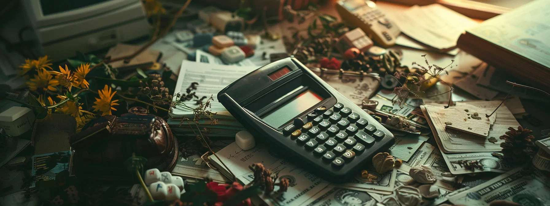 a calculator surrounded by funeral and burial items, debts, and medical bills, illustrating the process of calculating the right amount of final expense insurance coverage.