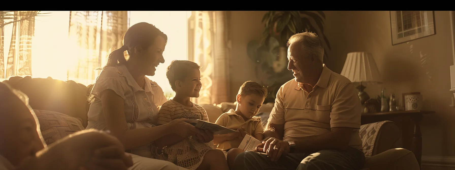 a comforting scene of a loving family receiving a check from a final expense insurance company, surrounded by peace and financial security.