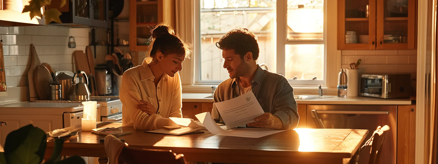 a couple sitting at a kitchen table, reviewing insurance documents and discussing beneficiary designations.