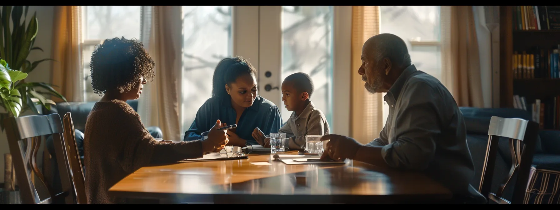 a family sitting around a table with a financial advisor, discussing final expense insurance options and updating their end-of-life plan.