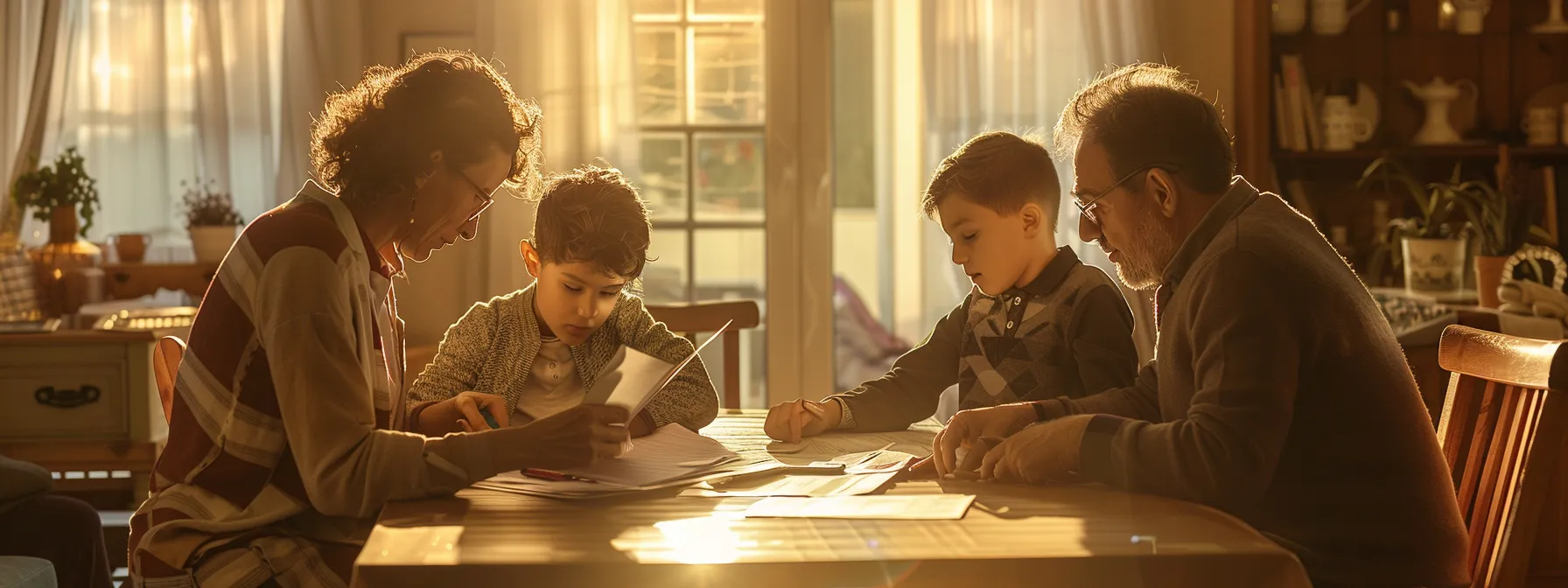 a family sitting around a table, sharing heartfelt conversations about end-of-life plans, with documents and insurance papers spread out in front of them.