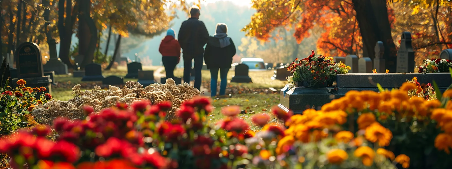 a family standing together in a peaceful cemetery, surrounded by colorful flowers, with a gentle breeze rustling the leaves of nearby trees, symbolizing financial security and peace of mind thanks to whole life insurance.