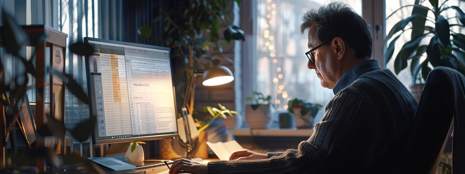 a focused individual comparing various final expense insurance policies at a sleek, modern desk with a bright desktop computer screen displaying different insurance providers.