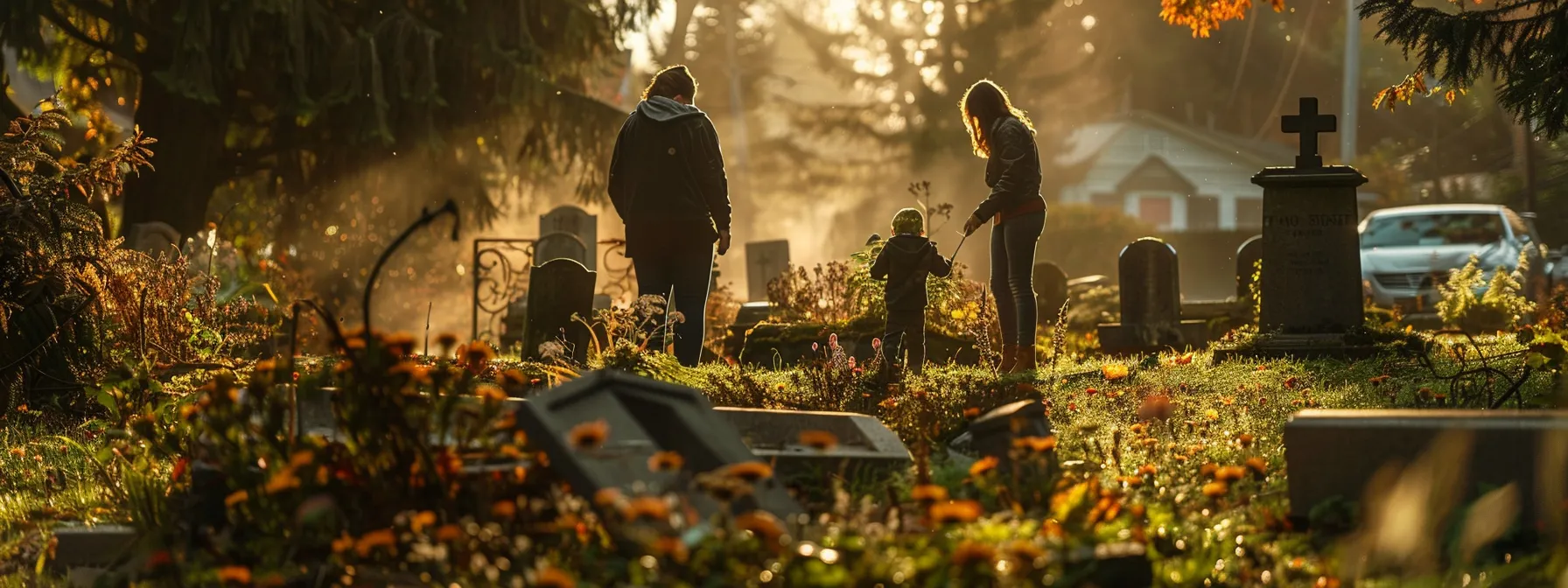 a grieving family standing by a grave site, surrounded by towering funeral expenses, unpaid medical bills, and unsettled debts.