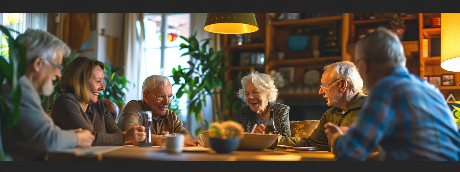 a group of seniors discussing final expense insurance options with their family members around a cozy living room table.