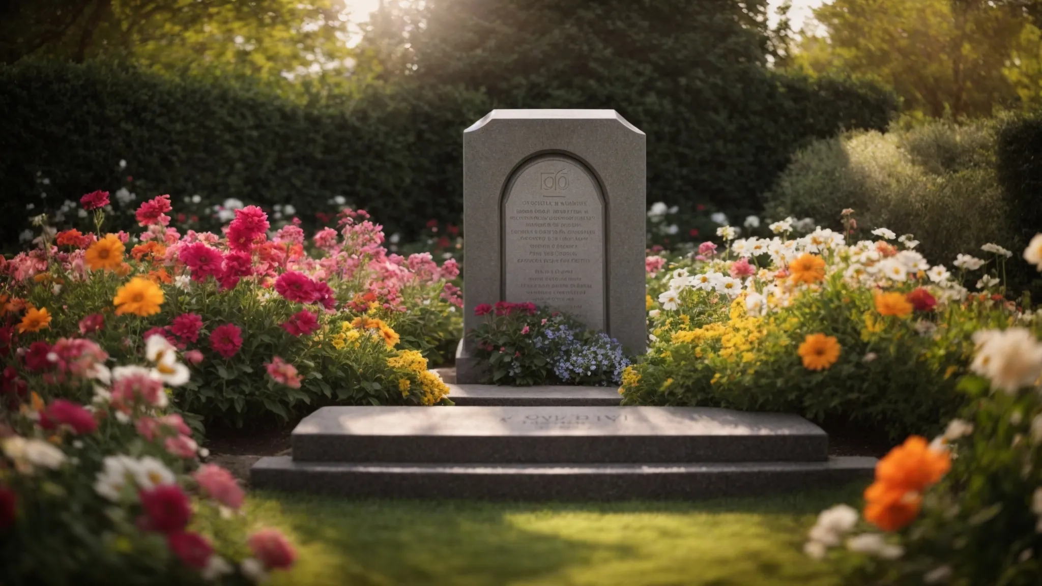 a peaceful, blooming garden memorial with a serene gravestone dedicated to a loved one, surrounded by vibrant flowers and a sense of tranquility.