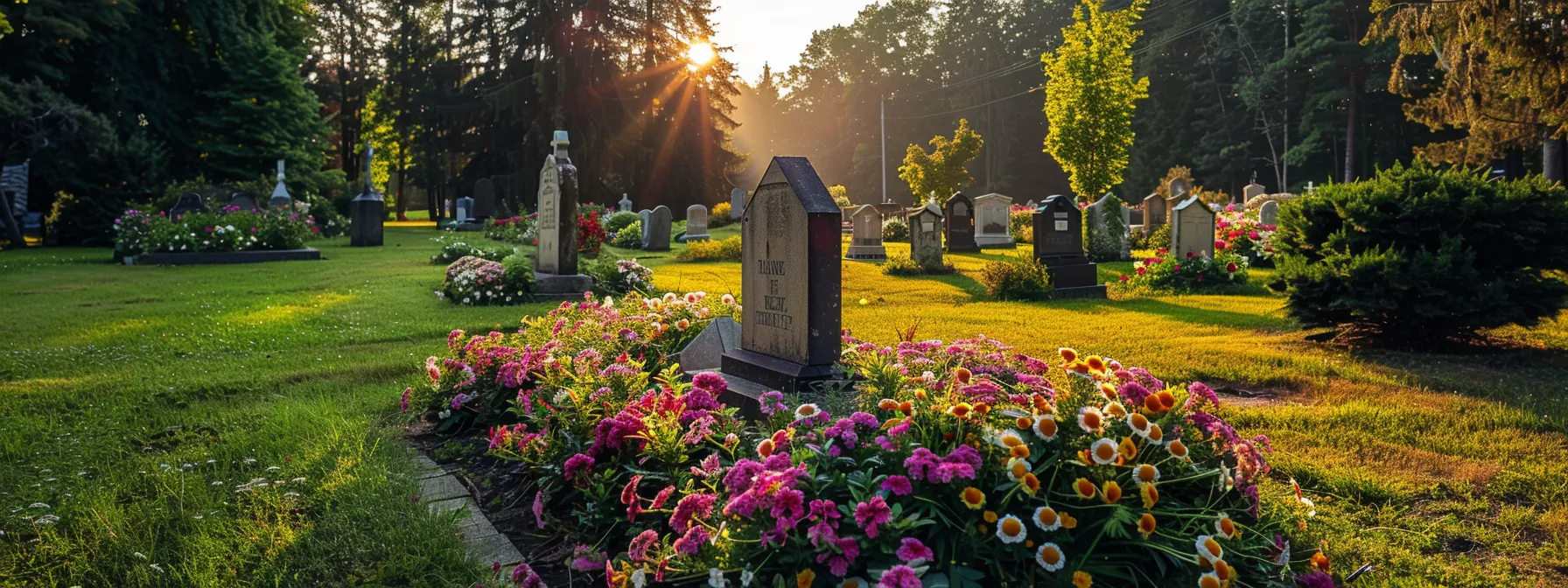 a peaceful cemetery scene with a gravestone surrounded by colorful flowers and a serene landscape, symbolizing the financial burdens eased by final expense insurance.