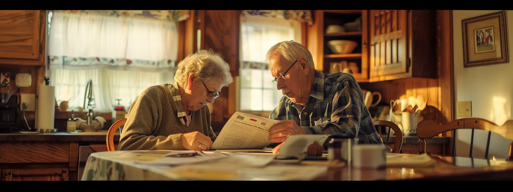 a peaceful elderly couple reviewing final expense insurance documents at a cozy kitchen table, surrounded by warm natural light and comforting family photos.