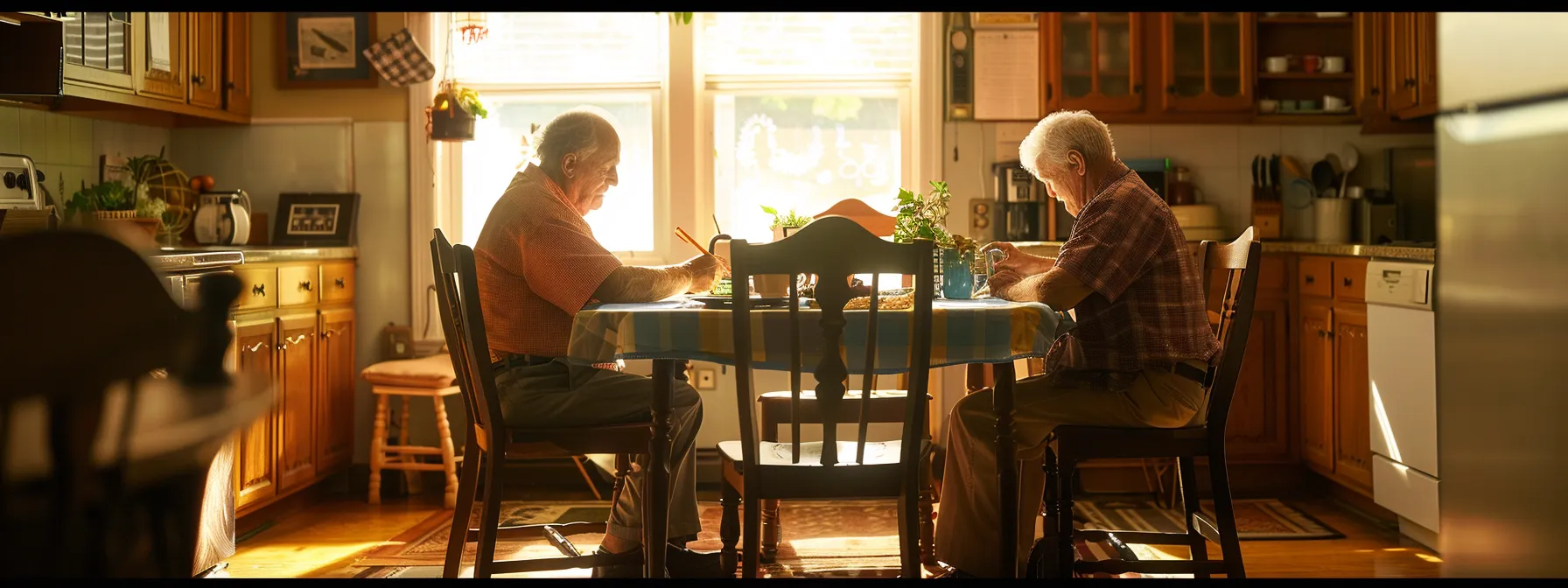 a peaceful elderly couple sitting at a kitchen table, reviewing final expense insurance policy papers together with a trustworthy financial advisor.