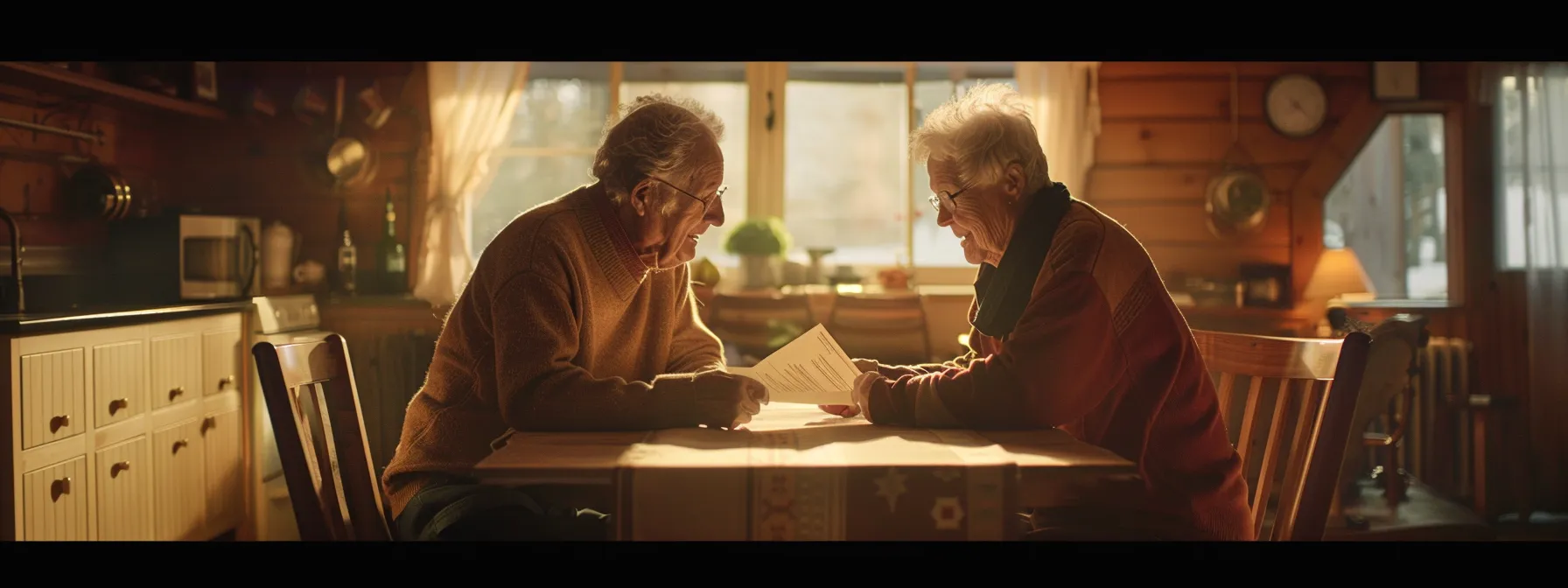 a peaceful elderly couple sitting at a cozy kitchen table, reviewing final expense insurance paperwork together.