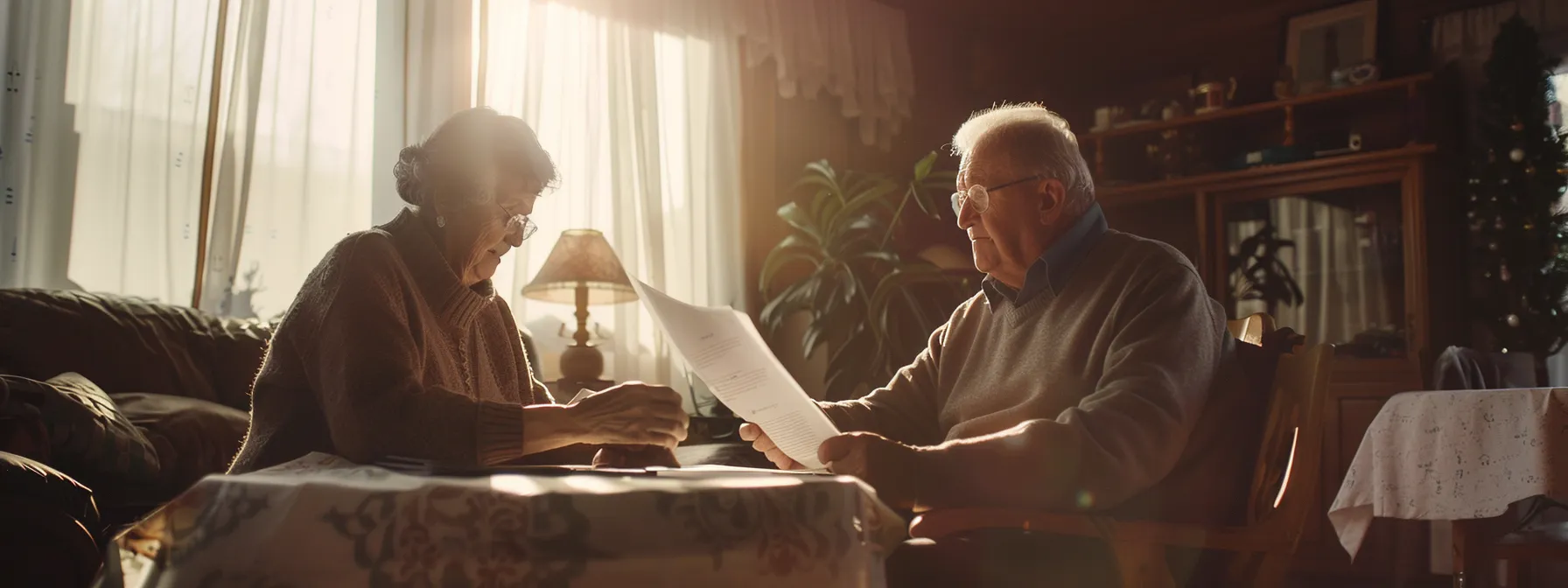 a peaceful elderly couple sitting together, reviewing final expense insurance paperwork in a cozy living room filled with soft natural light.