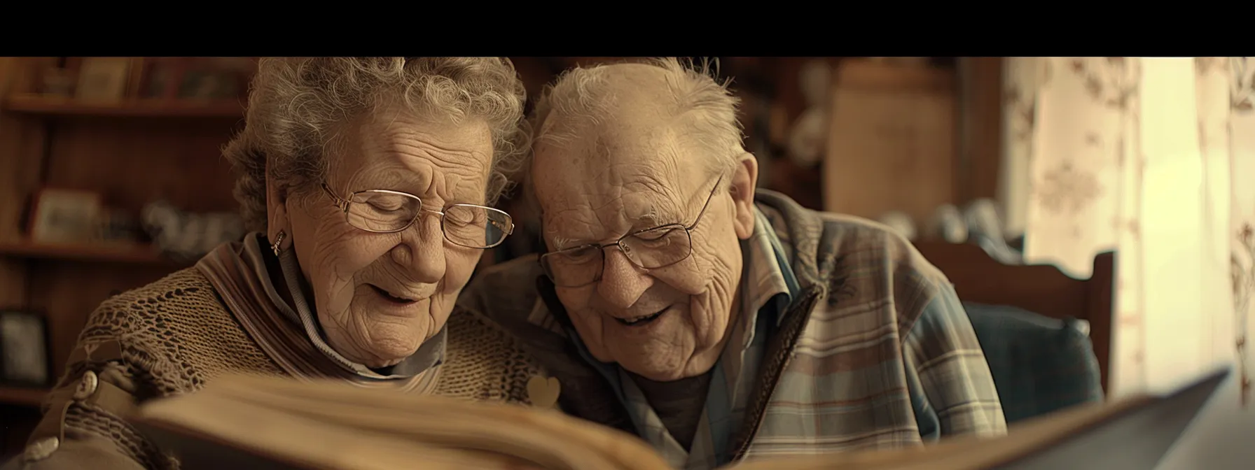 a peaceful elderly couple smiling as they gaze at a photo album, surrounded by family memories and cherished moments.