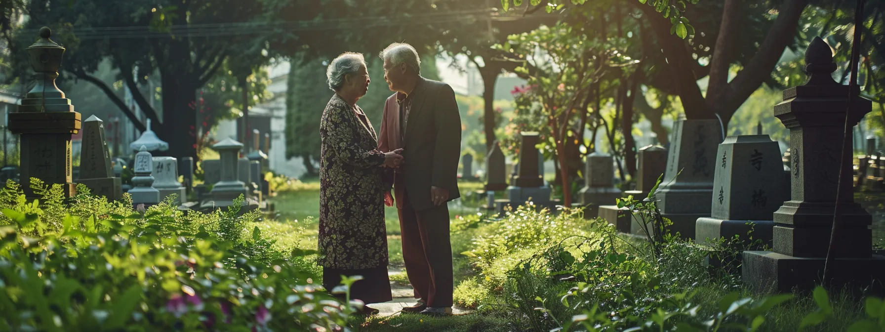 a peaceful elderly couple standing together in a lush green cemetery, smiling and holding hands as they embrace the security of their final expense insurance.