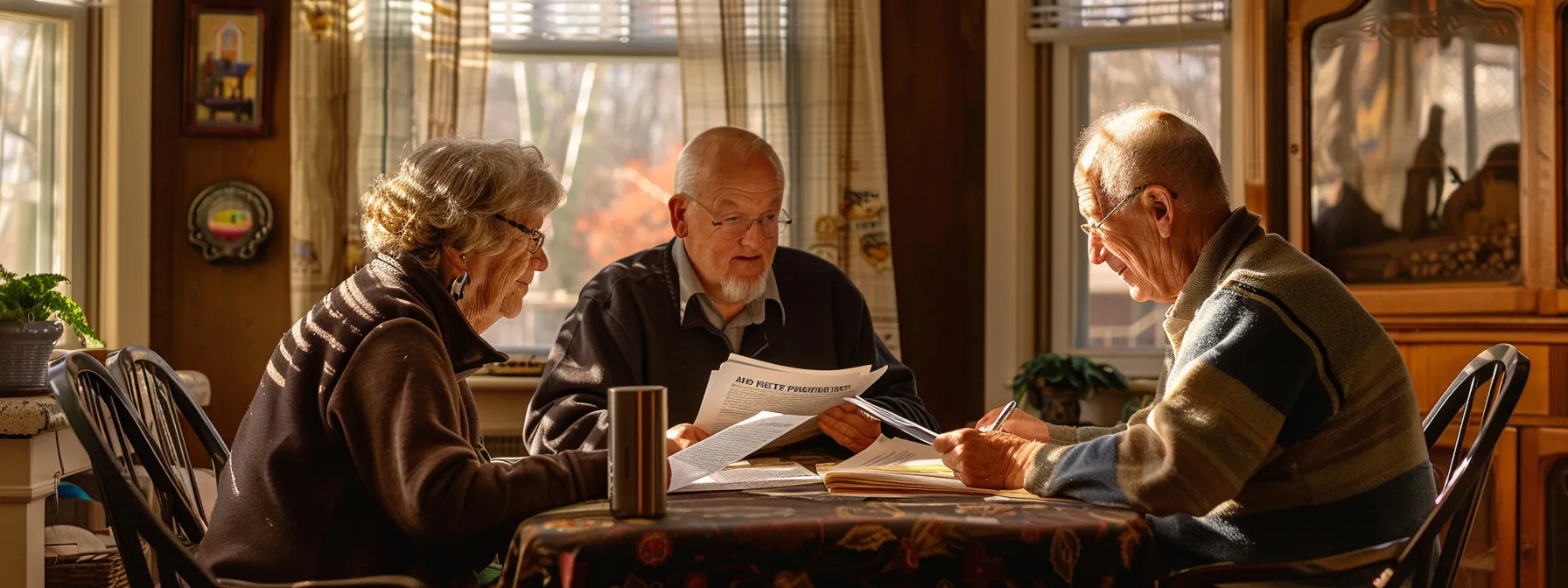 a peaceful senior couple reviewing final expense insurance paperwork with a caring insurance agent at their cozy living room table.