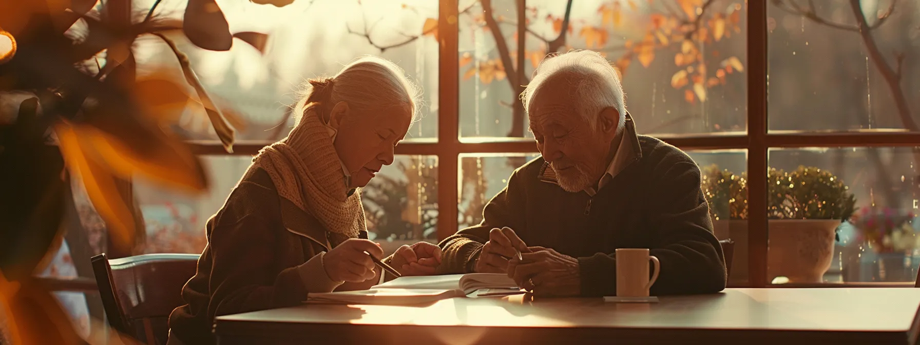 a peaceful senior couple sitting at a table, calmly filling out paperwork for aaa burial insurance.