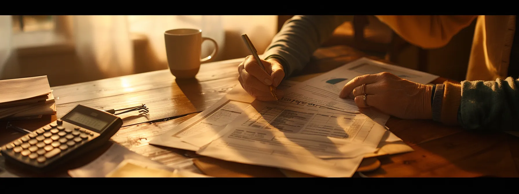 a person carefully comparing different final expense insurance policies on a wooden table under a soft, warm light, surrounded by paperwork, a calculator, and a cup of coffee.