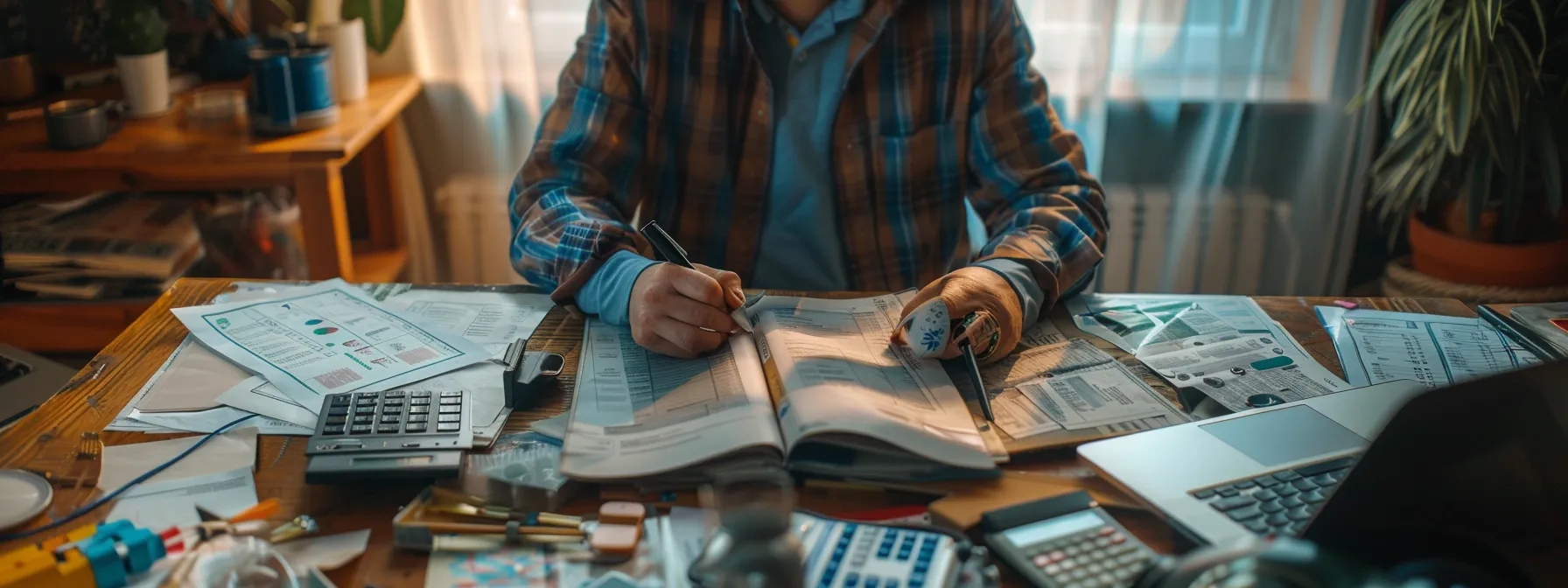 a person carefully comparing different final expense insurance policies on a desk, surrounded by paperwork, calculators, and a laptop.