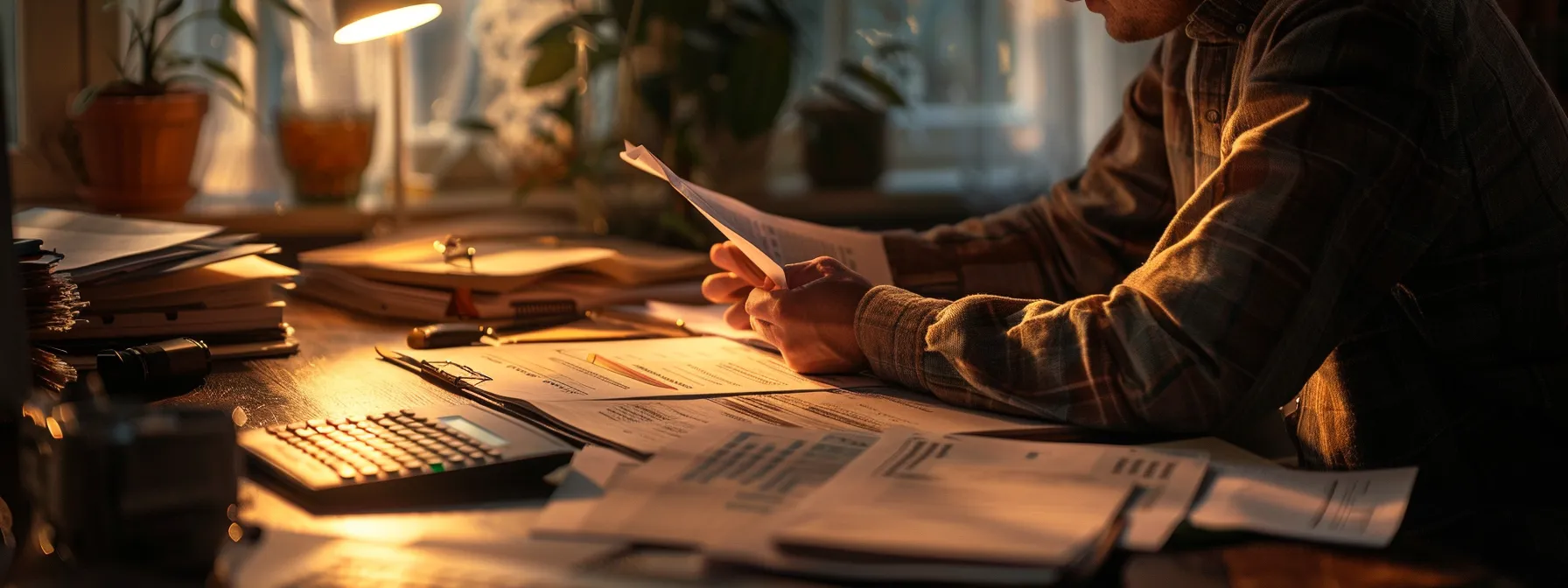 a person carefully comparing different final expense insurance policies at a desk, surrounded by paperwork and a calculator.