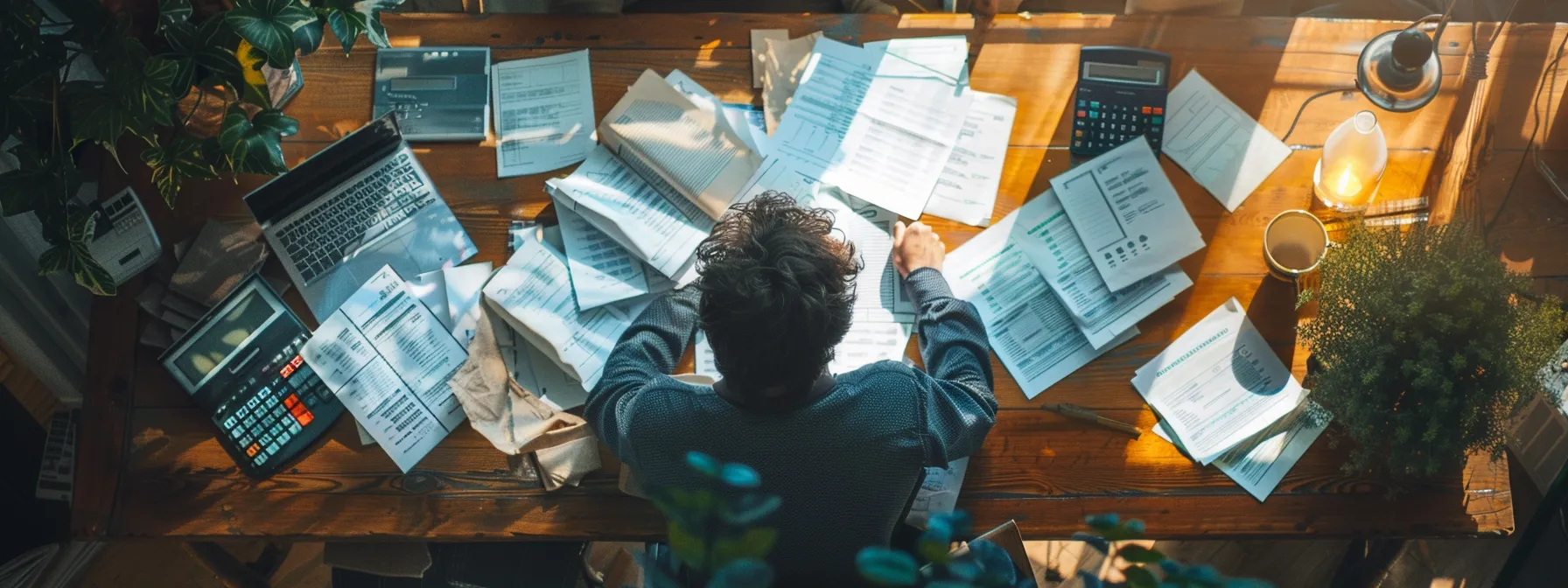 a person carefully reviewing detailed policy documents at a cluttered desk surrounded by financial calculators and insurance brochures.