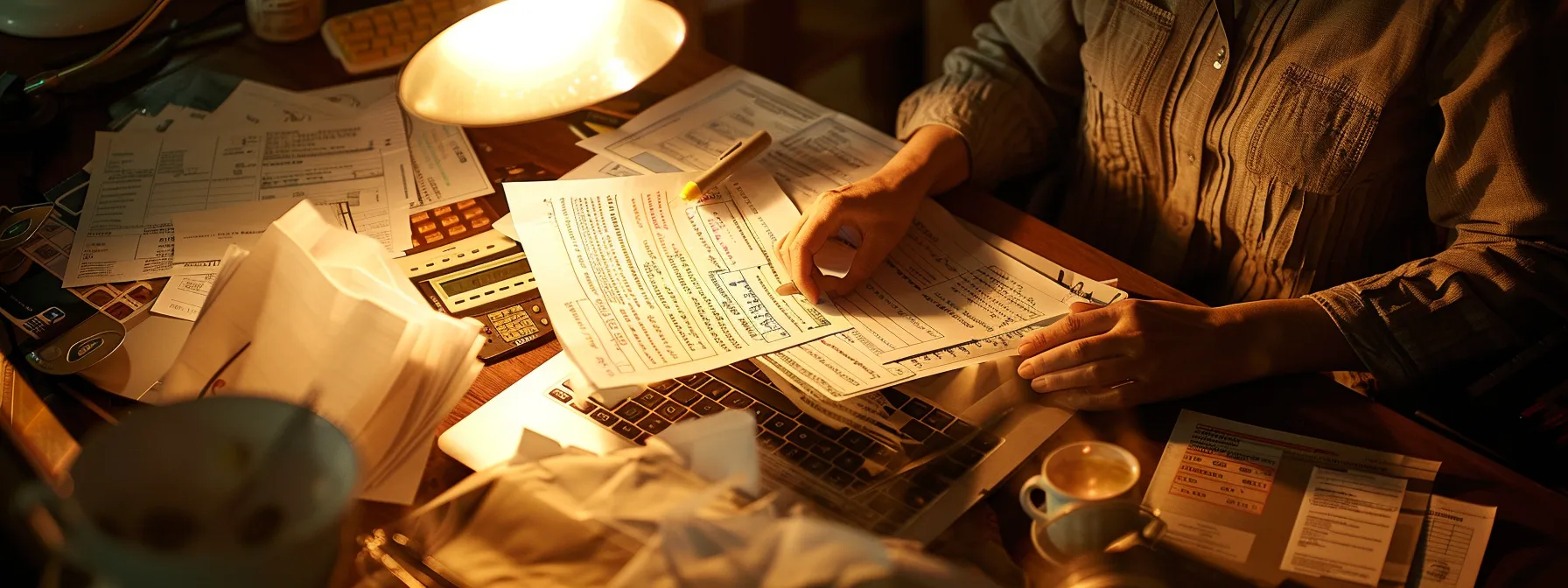 a person comparing different final expense insurance providers on a laptop, surrounded by papers and notes.