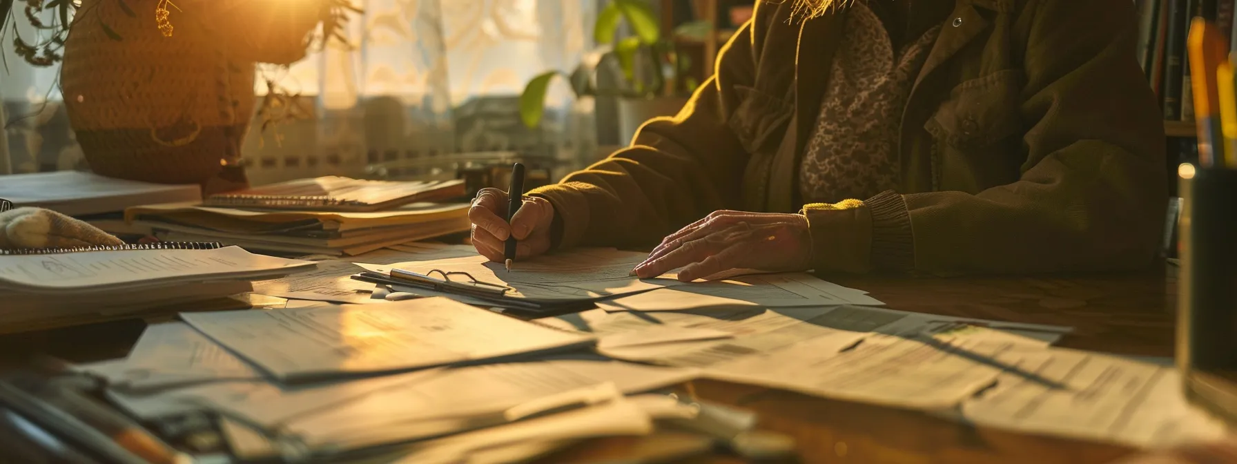 a person filling out a final expense insurance application form with a pen, sitting at a desk strewn with papers and documents, surrounded by a calm and focused atmosphere.