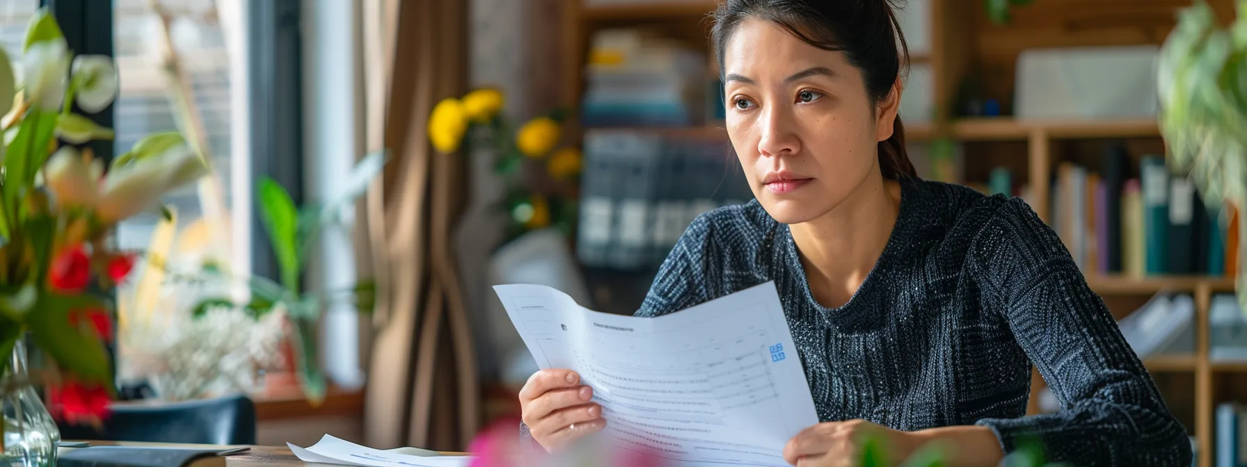 a person sitting at a desk, holding a list of questions, with a thoughtful expression as they prepare to meet with an insurance agent.