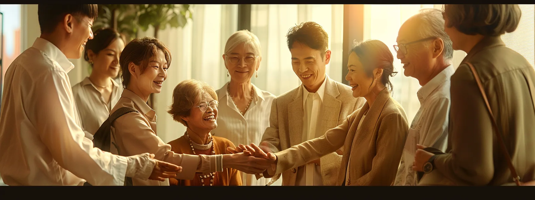 a photo of a diverse group of people of different ages, all smiling and holding hands, symbolizing financial security and long-term planning through early insurance purchase.