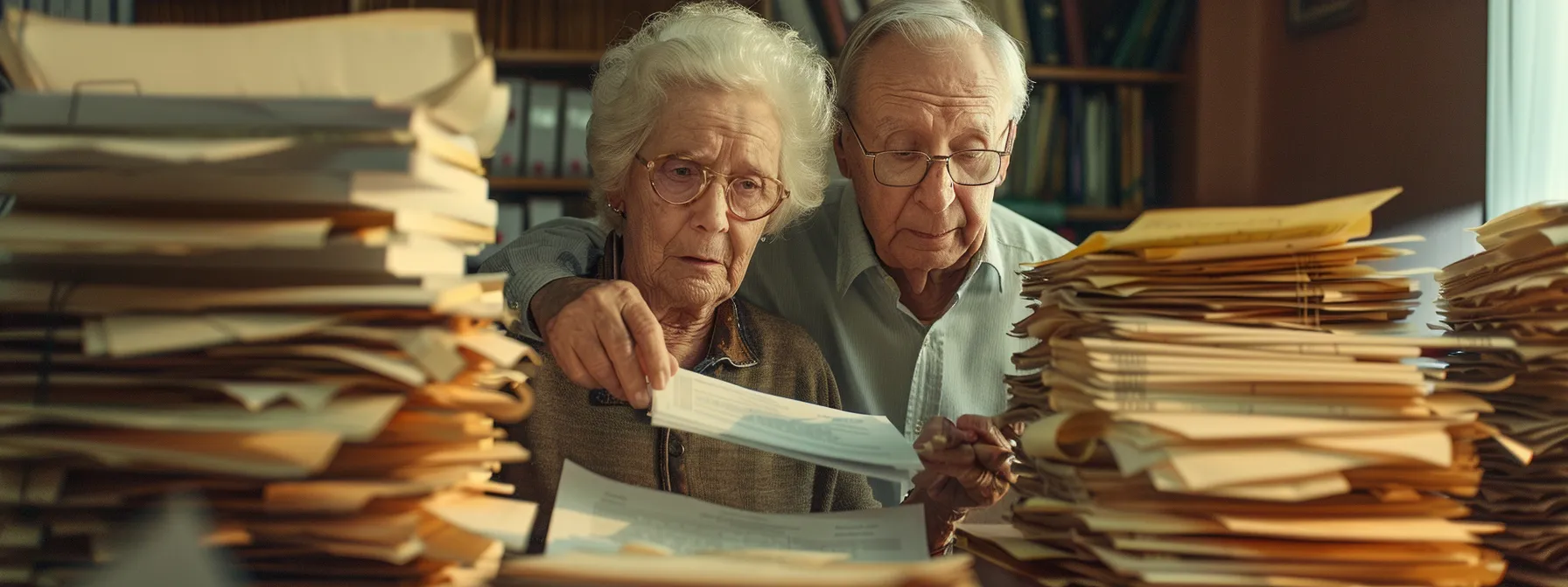 a senior couple carefully selecting beneficiaries for their final expense policy, surrounded by stacks of traditional life insurance documents.