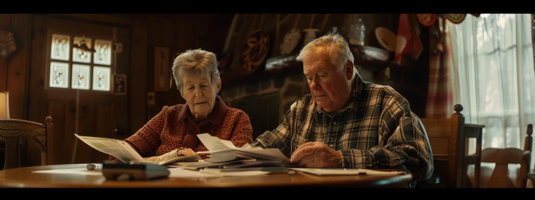 a senior couple comparing two insurance policies at a cozy dining table, with a stack of papers and a calculator in front of them.