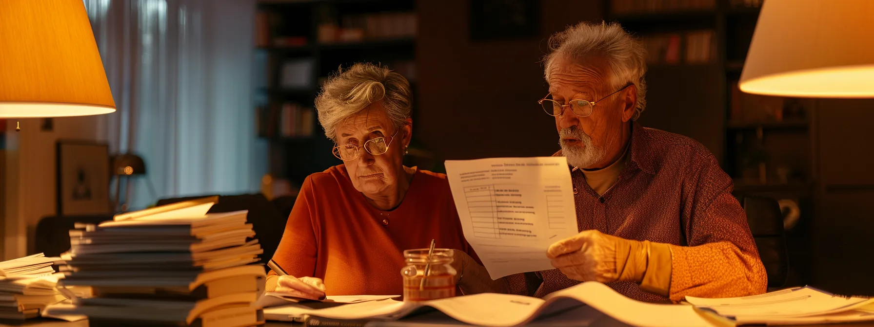 a senior couple happily completing a simple online application for final expense insurance, with a traditional life insurance application beside them showing a pile of medical forms and documents.