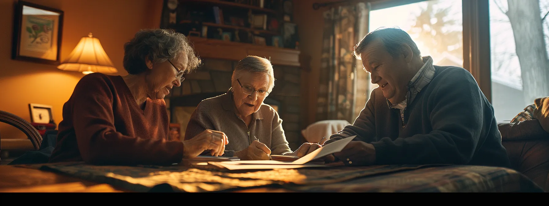 a senior couple reviewing final expense insurance policy options with a mutual of omaha representative at their cozy home.