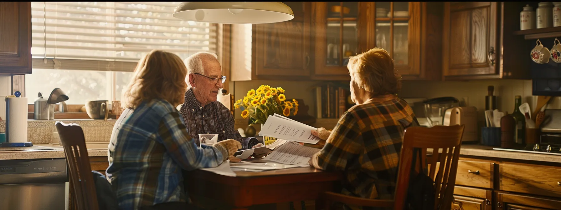 a senior couple sit at a kitchen table, surrounded by paperwork and brochures, discussing final expense insurance options with a compassionate agent.